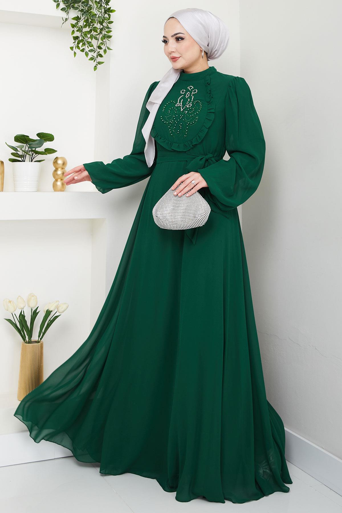 Boncuklu Şifon Abiye Elbise Zümrüt HM2667