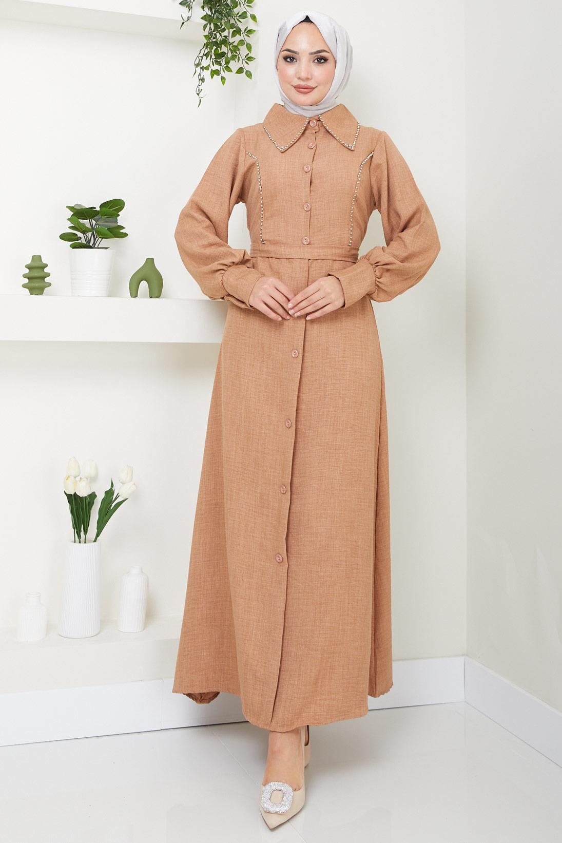 Boncuklu Sofia Elbise Camel HM2476