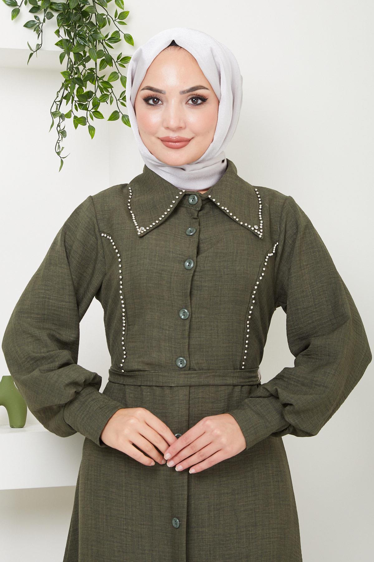 Boncuklu Sofia Elbise Haki HM2476