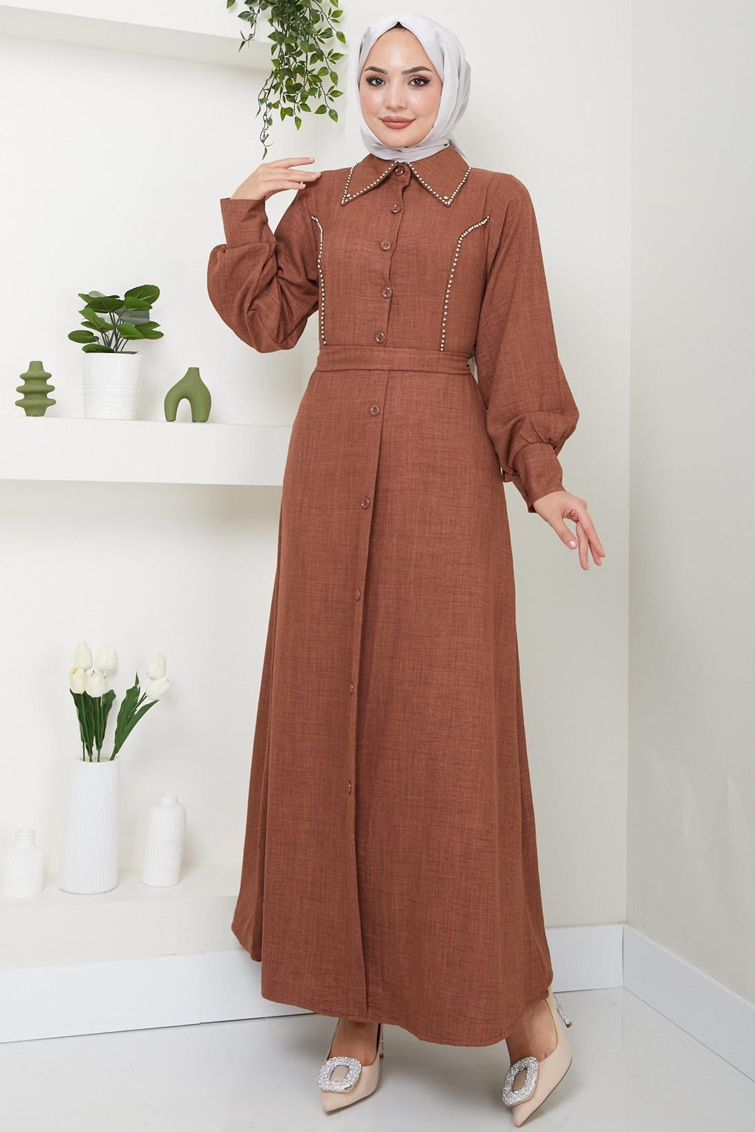 Boncuklu Sofia Elbise Taba HM2476