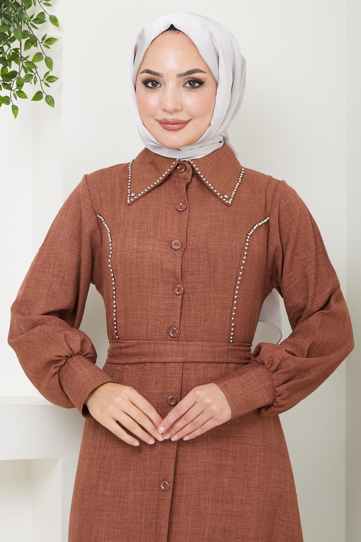 Boncuklu Sofia Elbise Taba HM2476