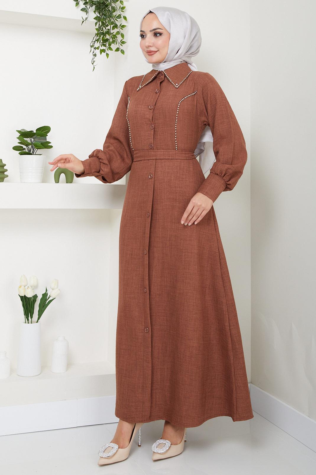 Boncuklu Sofia Elbise Taba HM2476