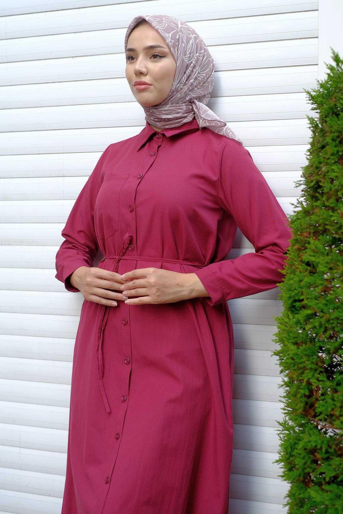 Boydan Düğmeli Gömlek Elbise Bordo HM2223