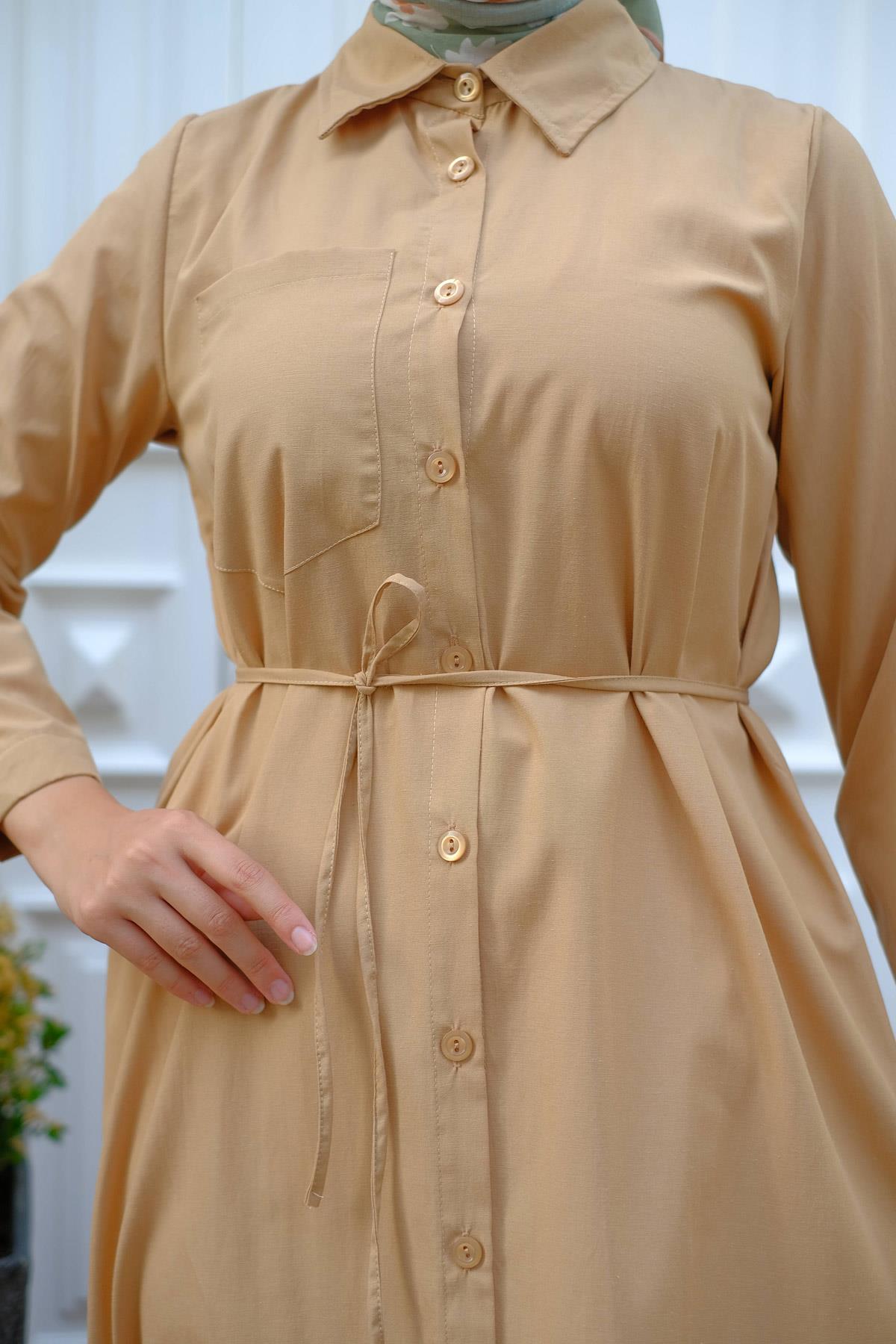 Boydan Düğmeli Gömlek Elbise Camel HM2223