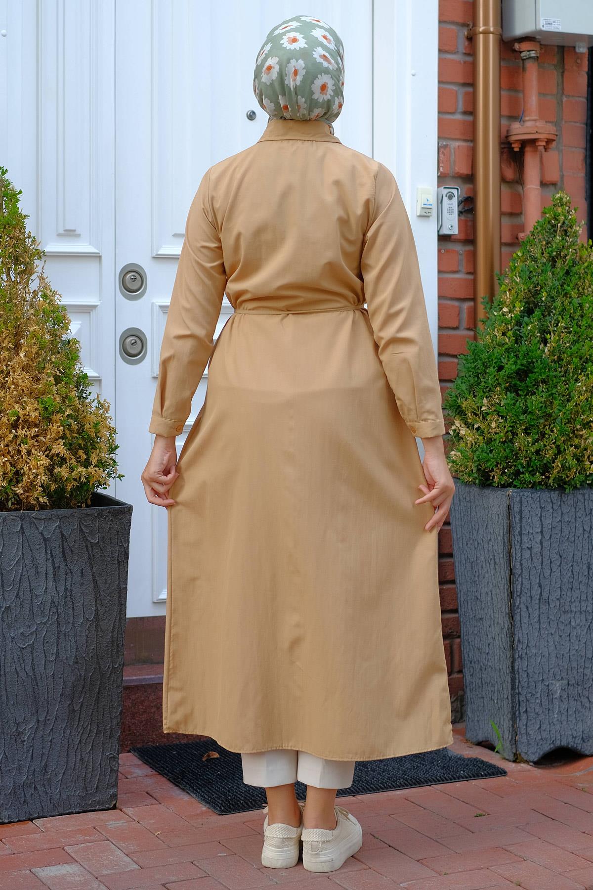 Boydan Düğmeli Gömlek Elbise Camel HM2223