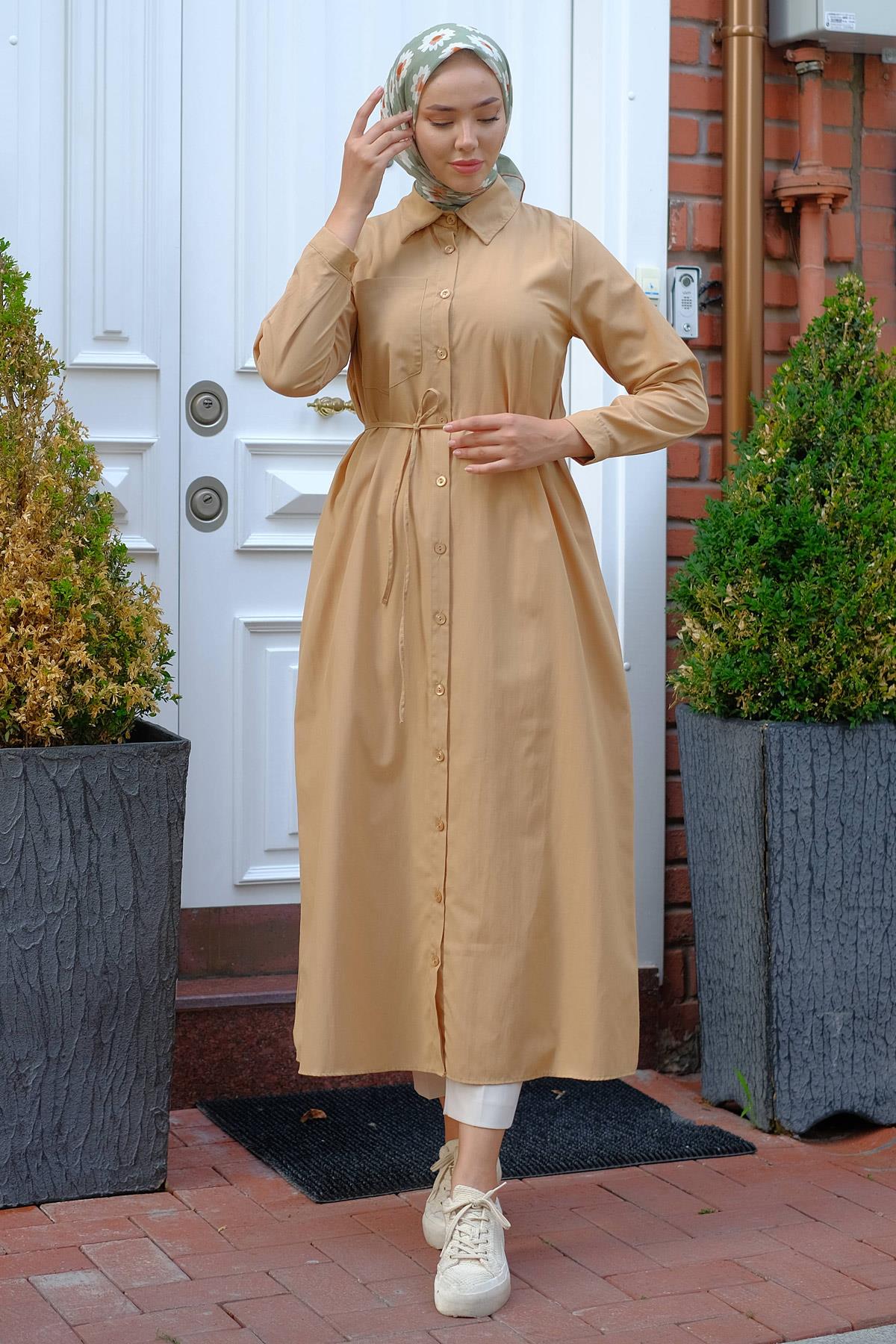 Boydan Düğmeli Gömlek Elbise Camel HM2223