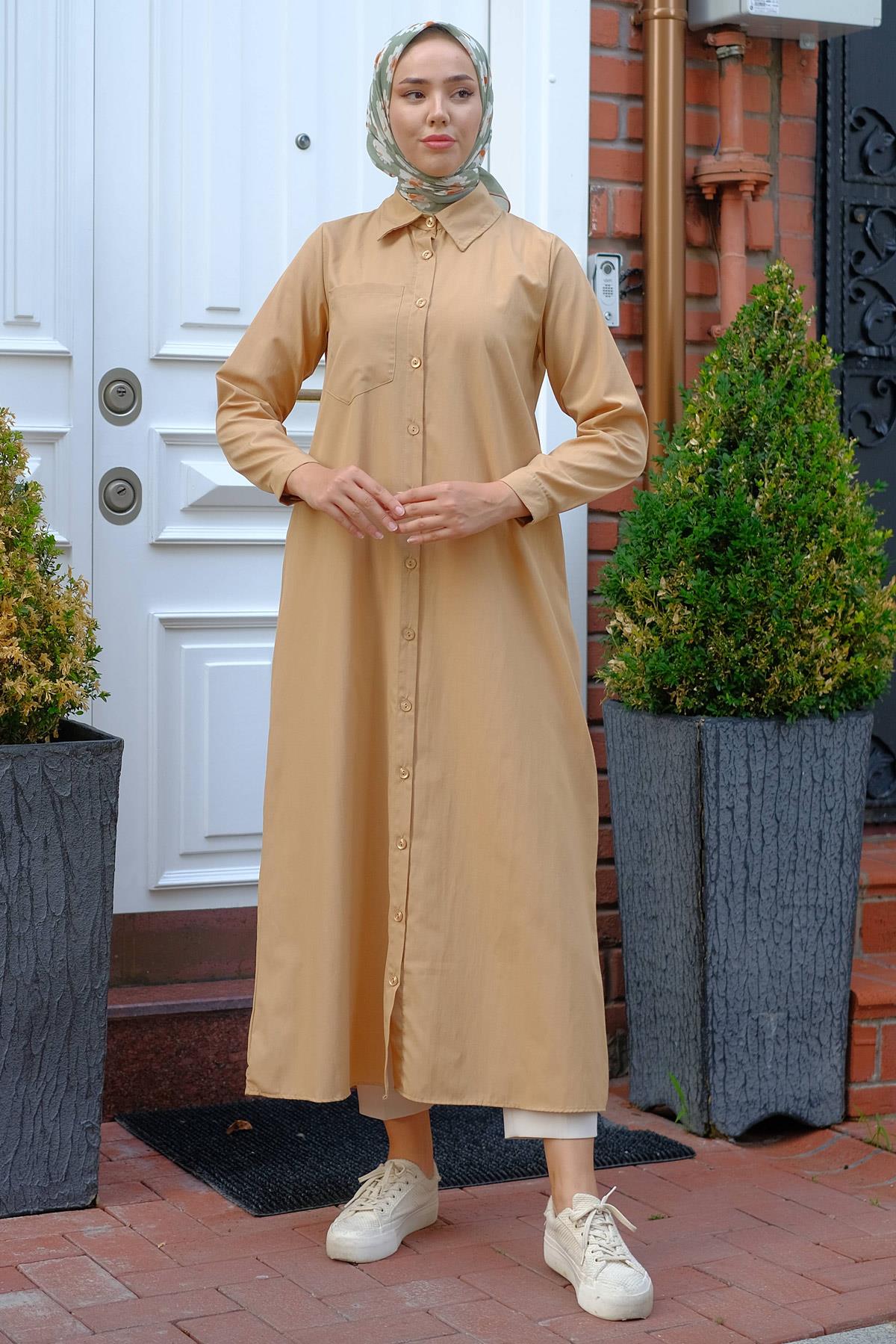 Boydan Düğmeli Gömlek Elbise Camel HM2223