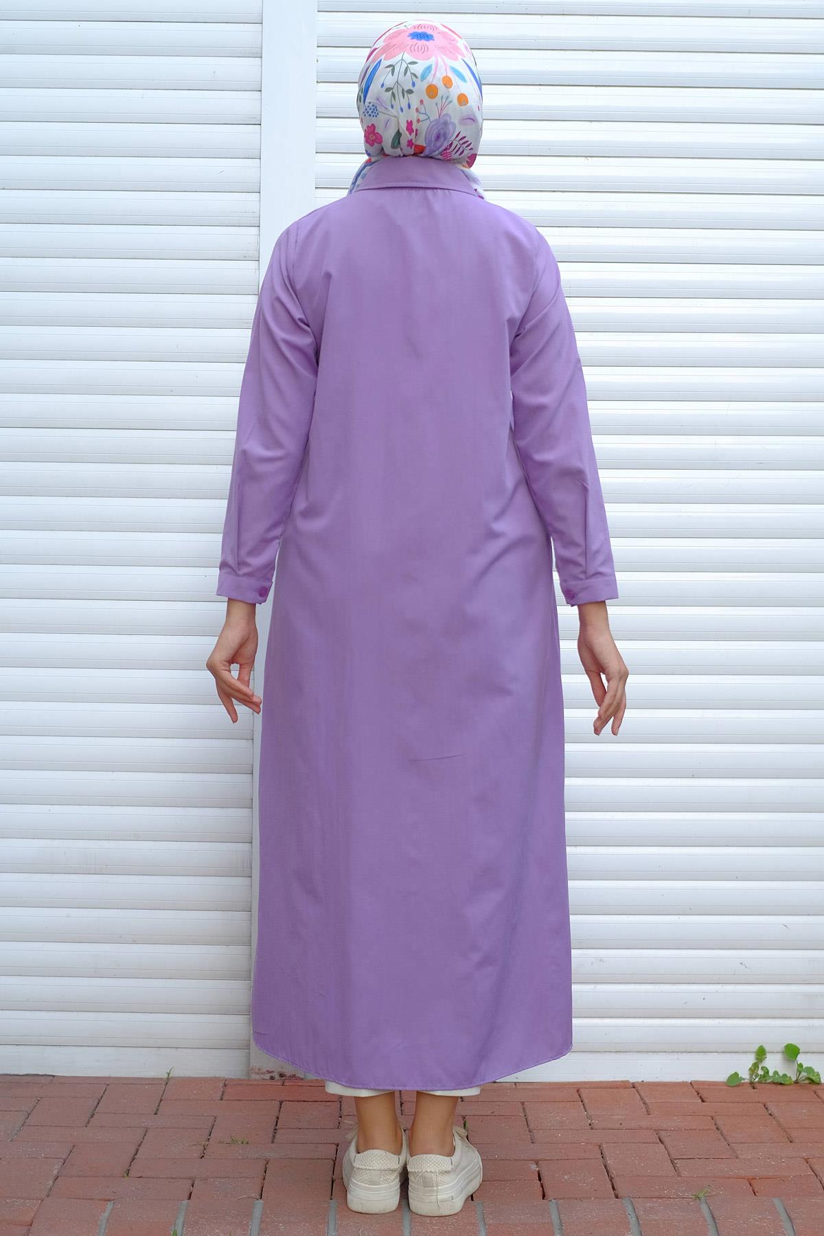 Boydan Düğmeli Gömlek Elbise Lila HM2223