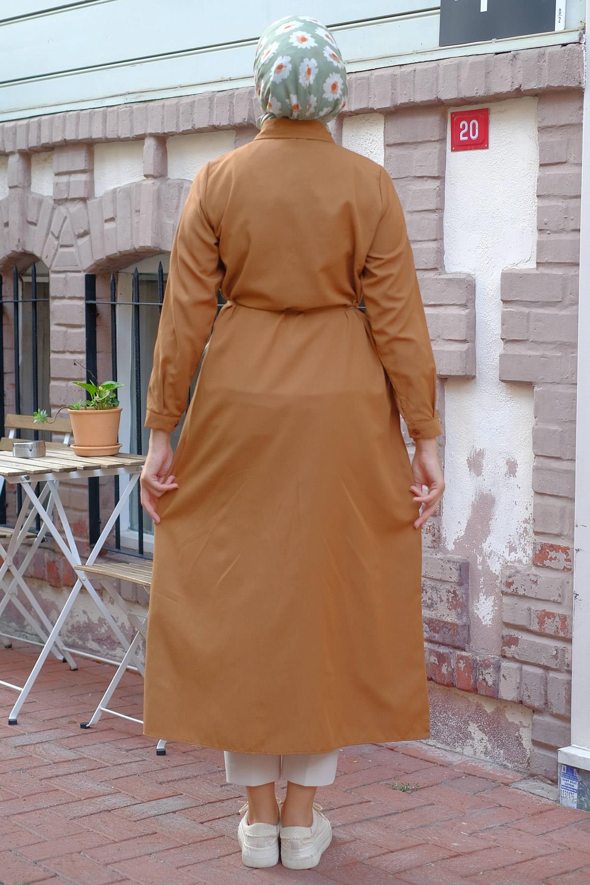 Boydan Düğmeli Gömlek Elbise Taba HM2223