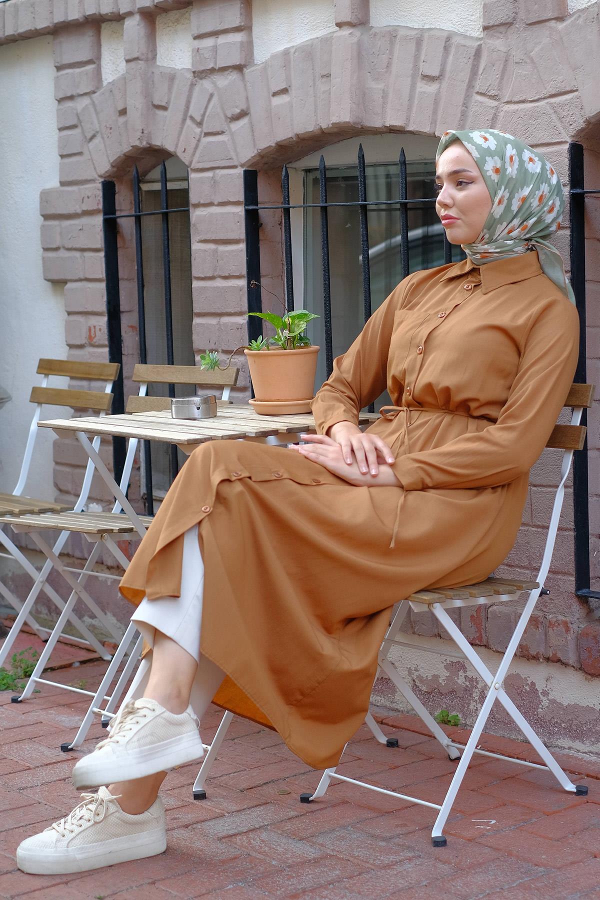 Boydan Düğmeli Gömlek Elbise Taba HM2223