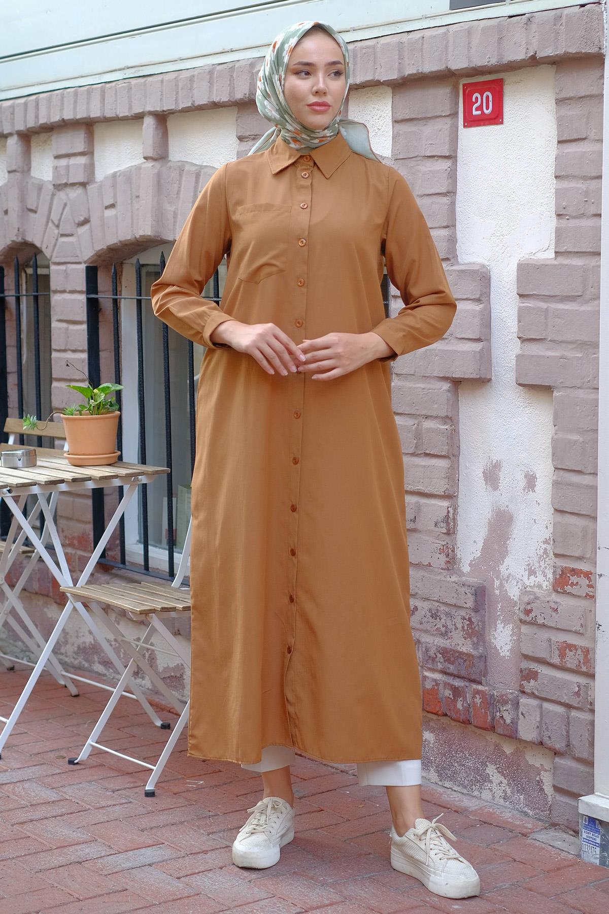 Boydan Düğmeli Gömlek Elbise Taba HM2223