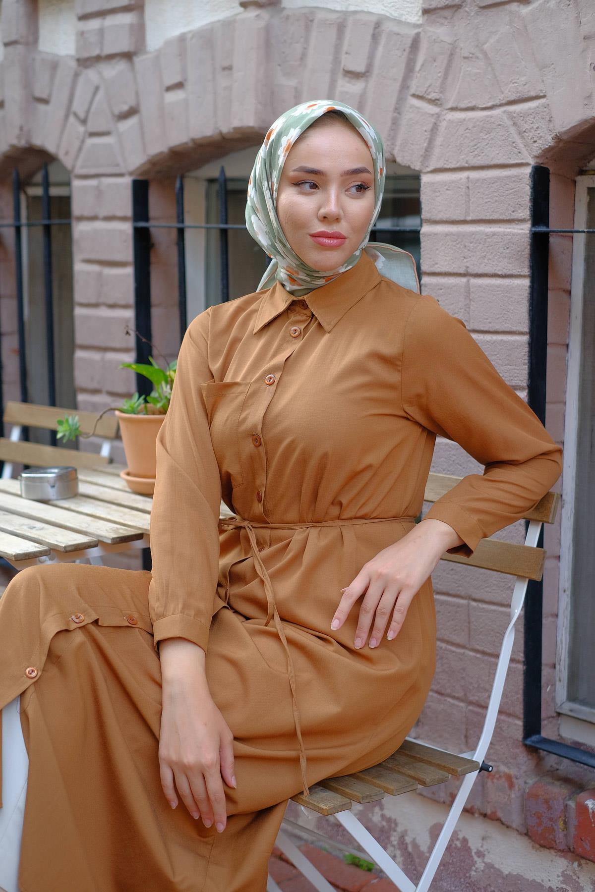Boydan Düğmeli Gömlek Elbise Taba HM2223