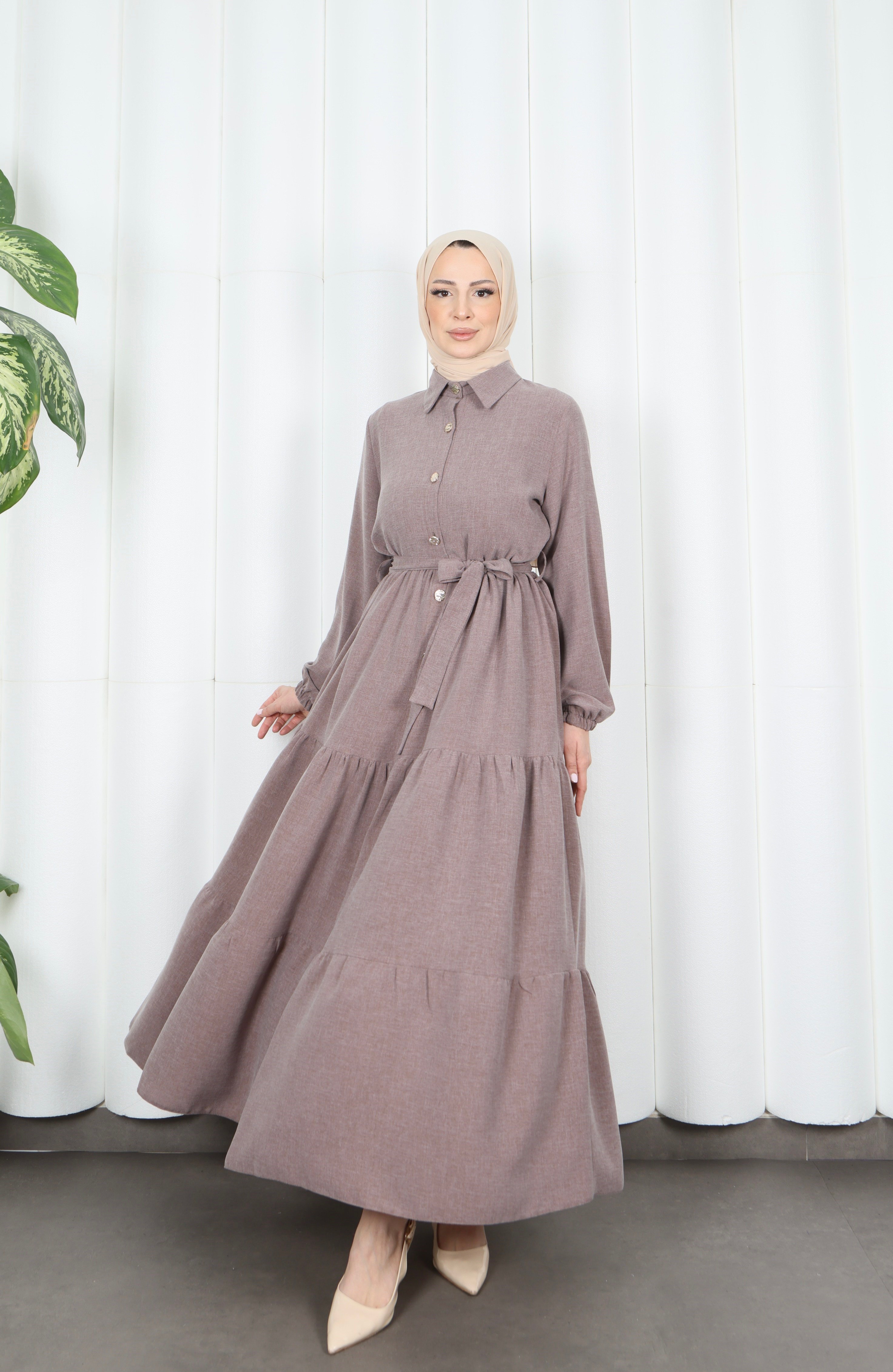 Boydan Düğmeli Kuşaklı Katlı Elbise Kahverengi HNT8593