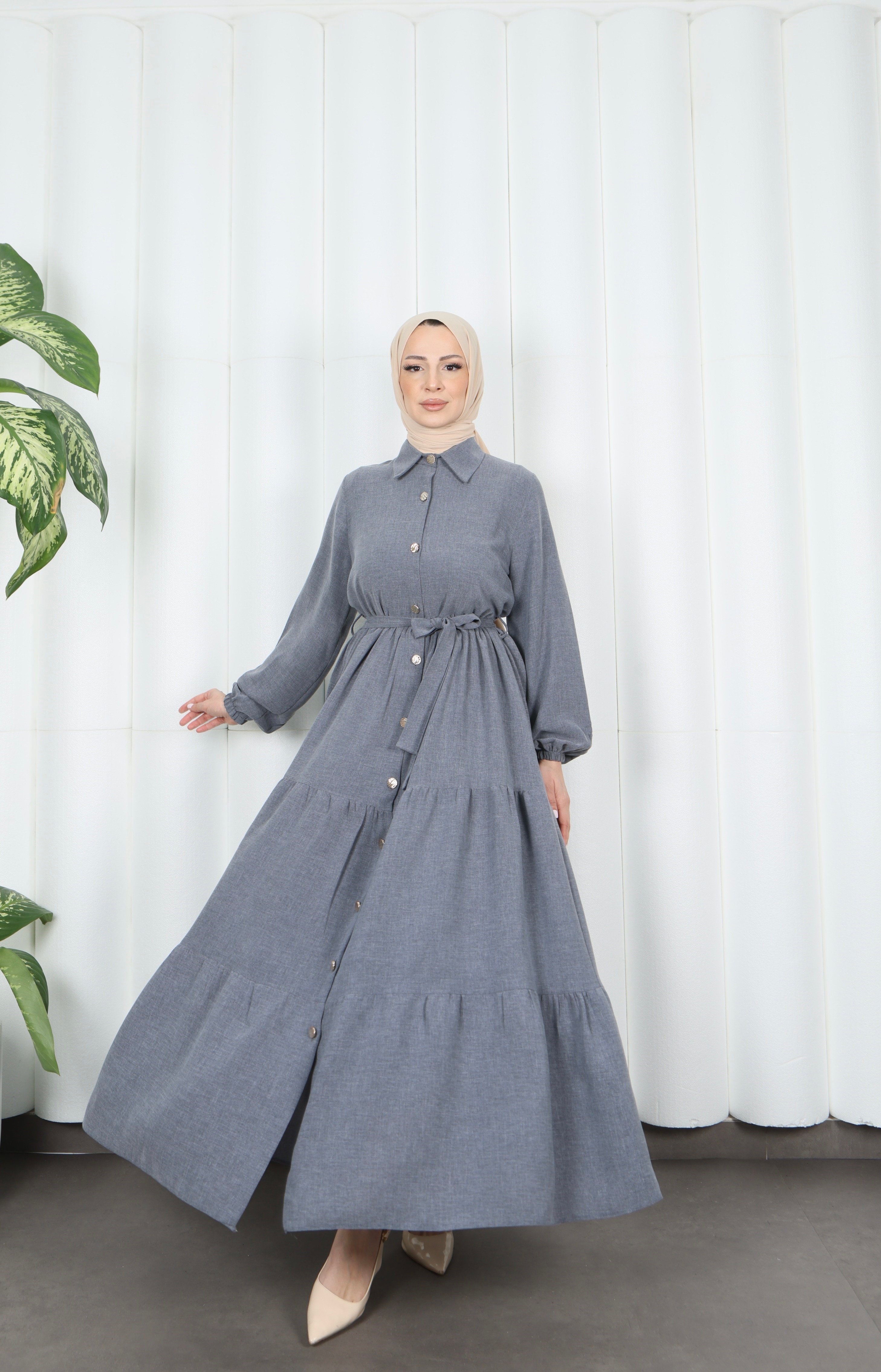 Boydan Düğmeli Kuşaklı Katlı Elbise Koyu  Gri  HNT8593
