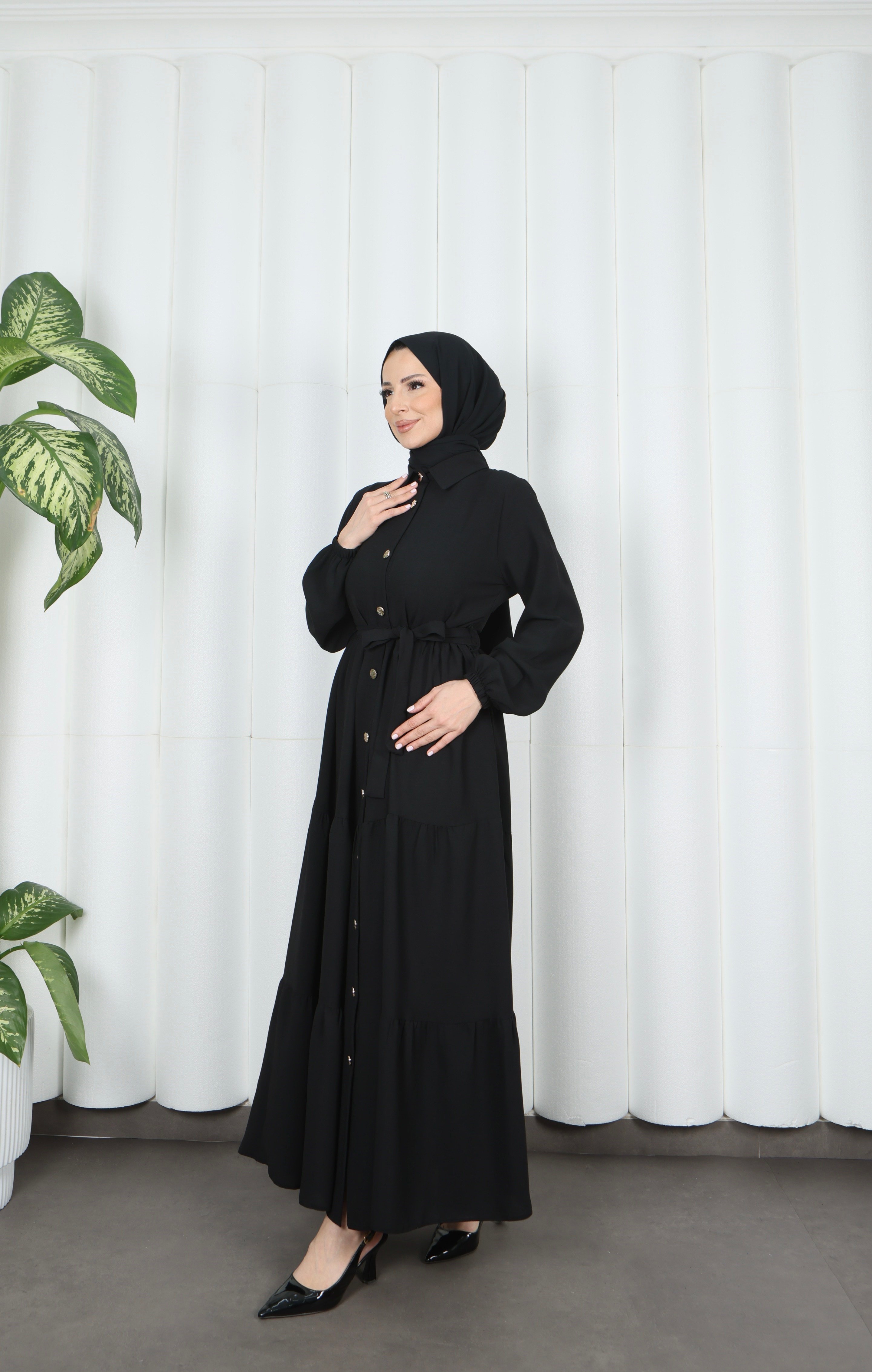 Boydan Düğmeli Kuşaklı Katlı Elbise Siyah HNT8593