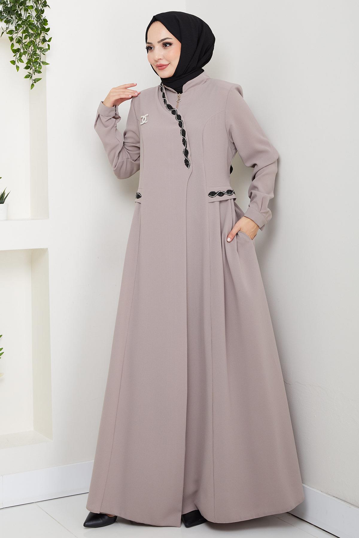 Broşlu Büyük Beden Ferace Bej HM2843