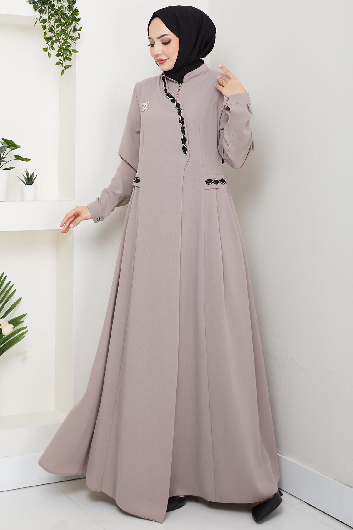 Broşlu Büyük Beden Ferace Bej HM2843