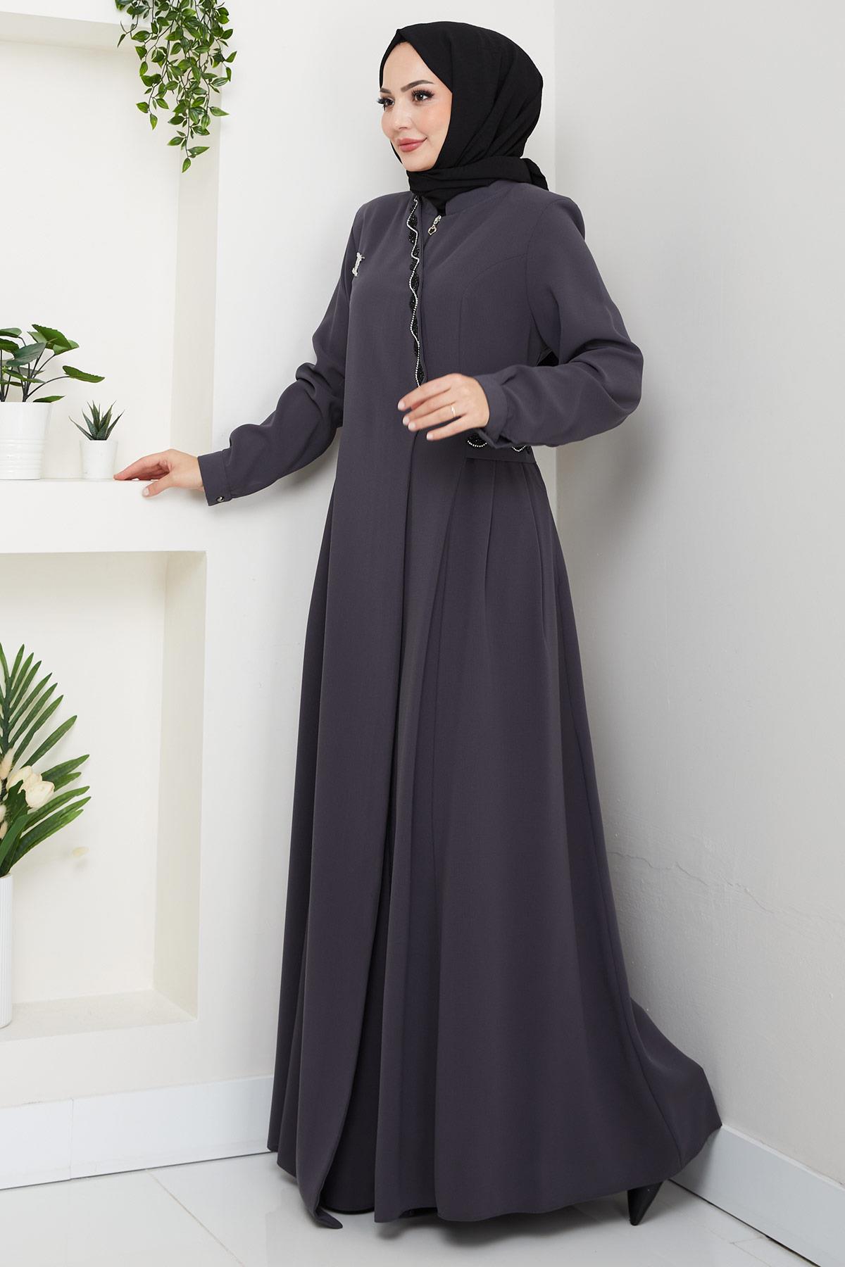 Broşlu Büyük Beden Ferace Füme  HM2843