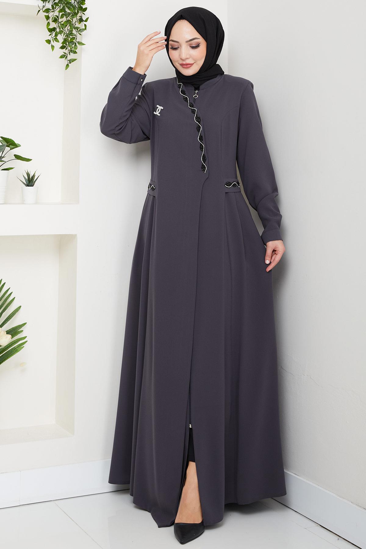 Broşlu Büyük Beden Ferace Füme  HM2843