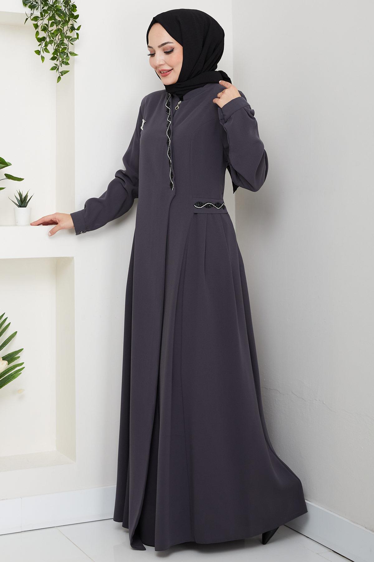 Broşlu Büyük Beden Ferace Füme  HM2843