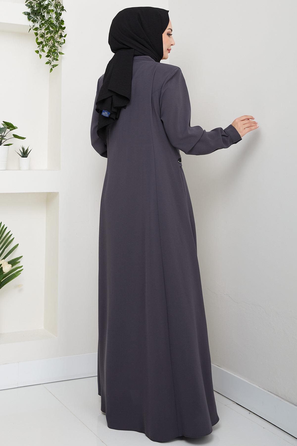 Broşlu Büyük Beden Ferace Füme  HM2843