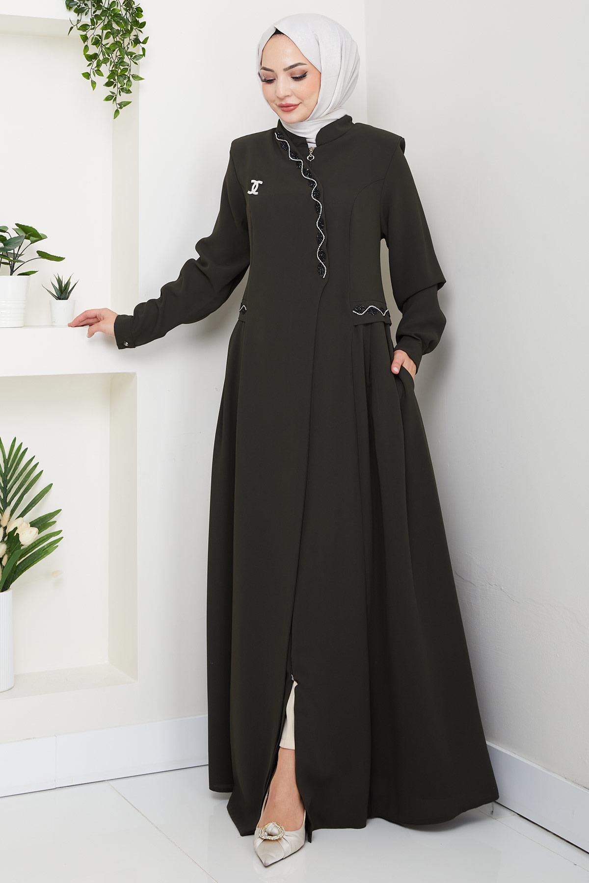 Broşlu Büyük Beden Ferace Haki HM2843