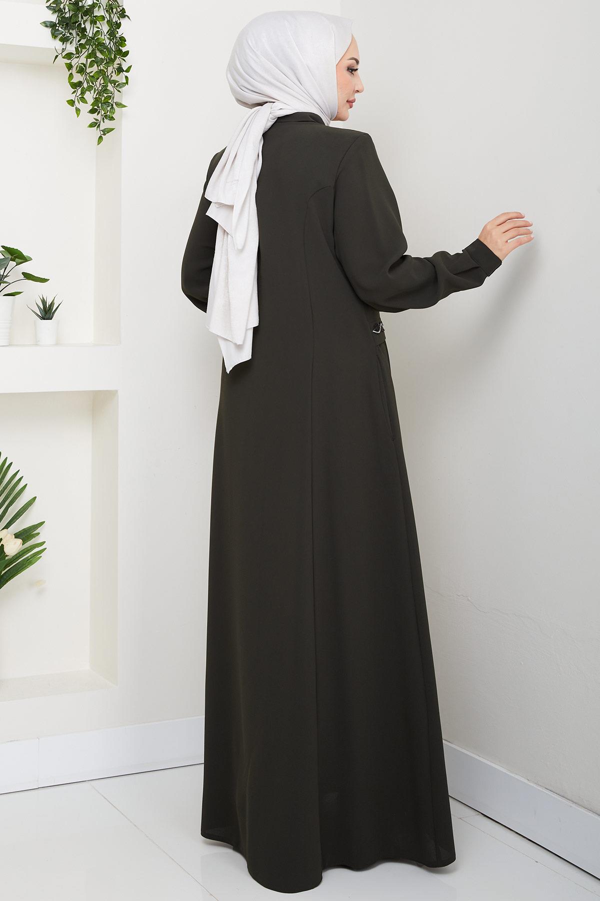 Broşlu Büyük Beden Ferace Haki HM2843