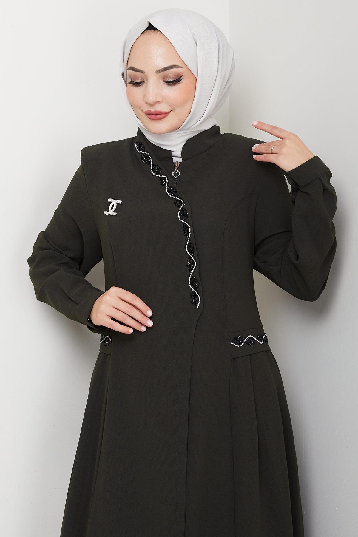 Broşlu Büyük Beden Ferace Haki HM2843