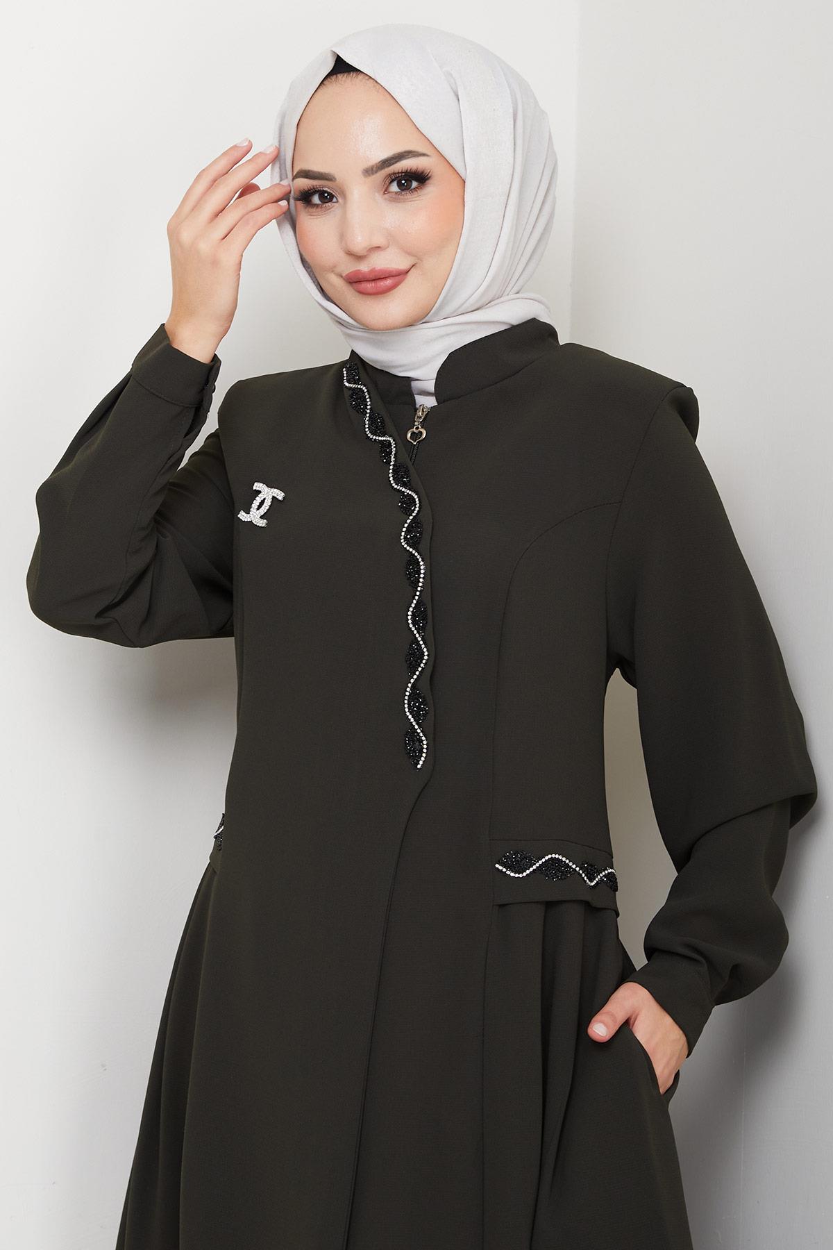 Broşlu Büyük Beden Ferace Haki HM2843