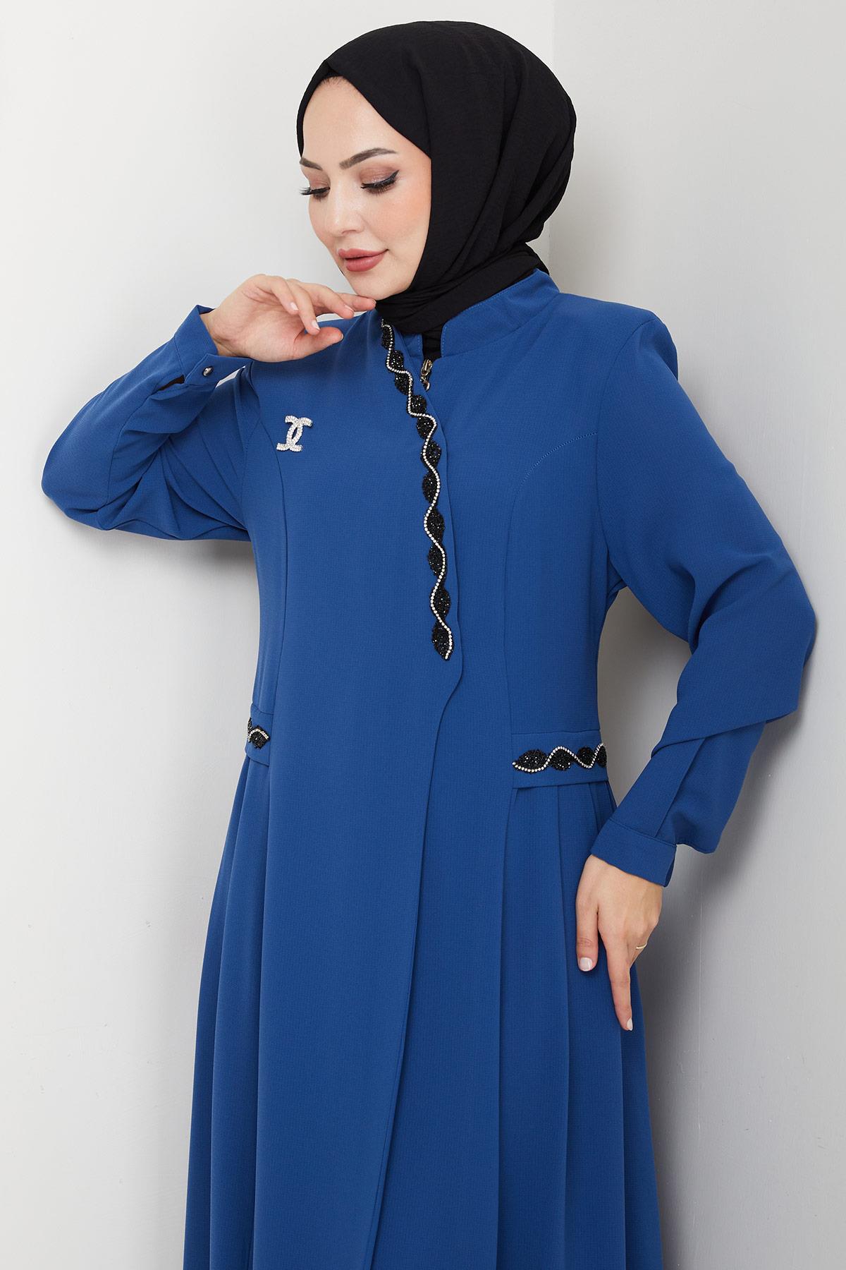 Broşlu Büyük Beden Ferace İndigo HM2843