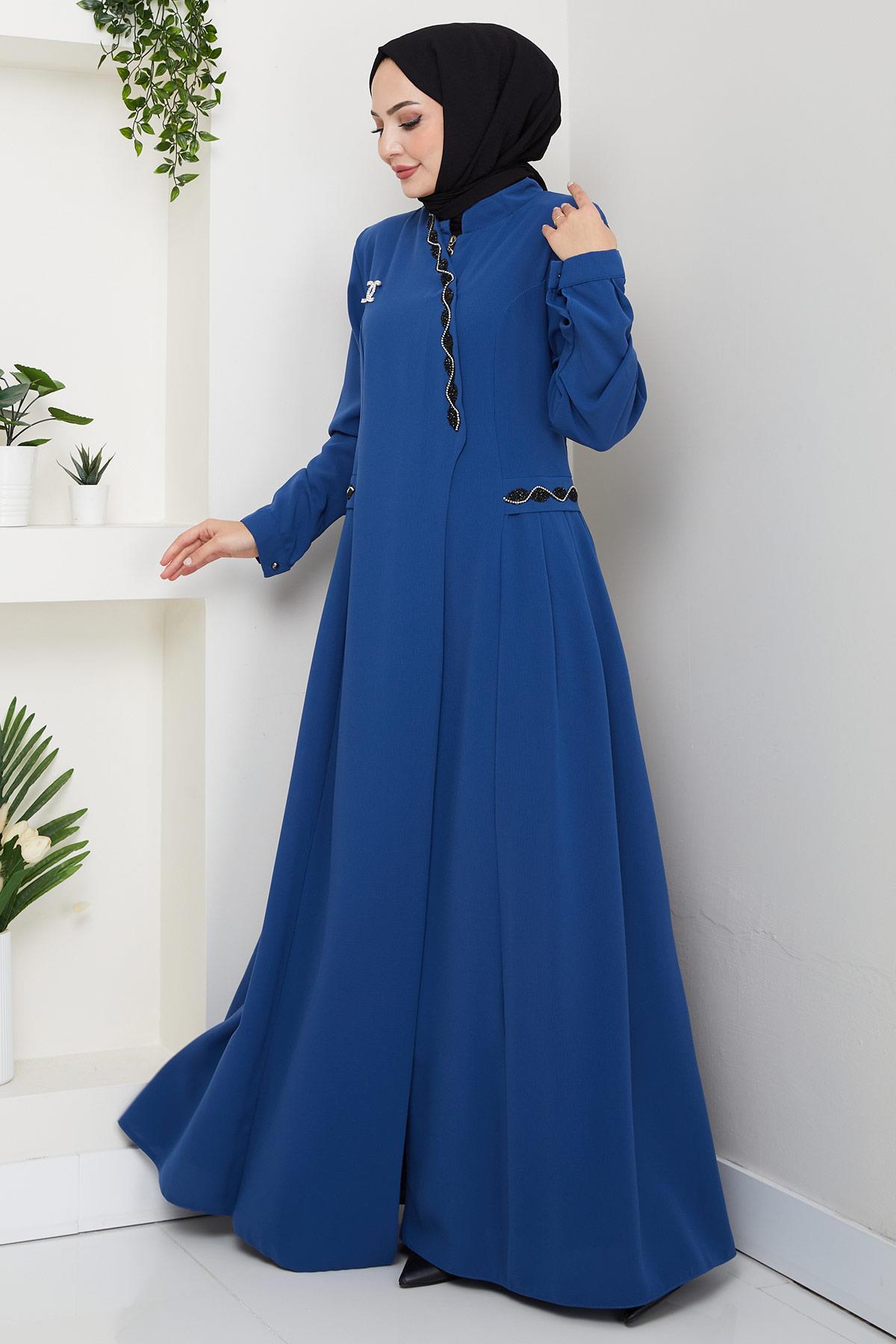 Broşlu Büyük Beden Ferace İndigo HM2843