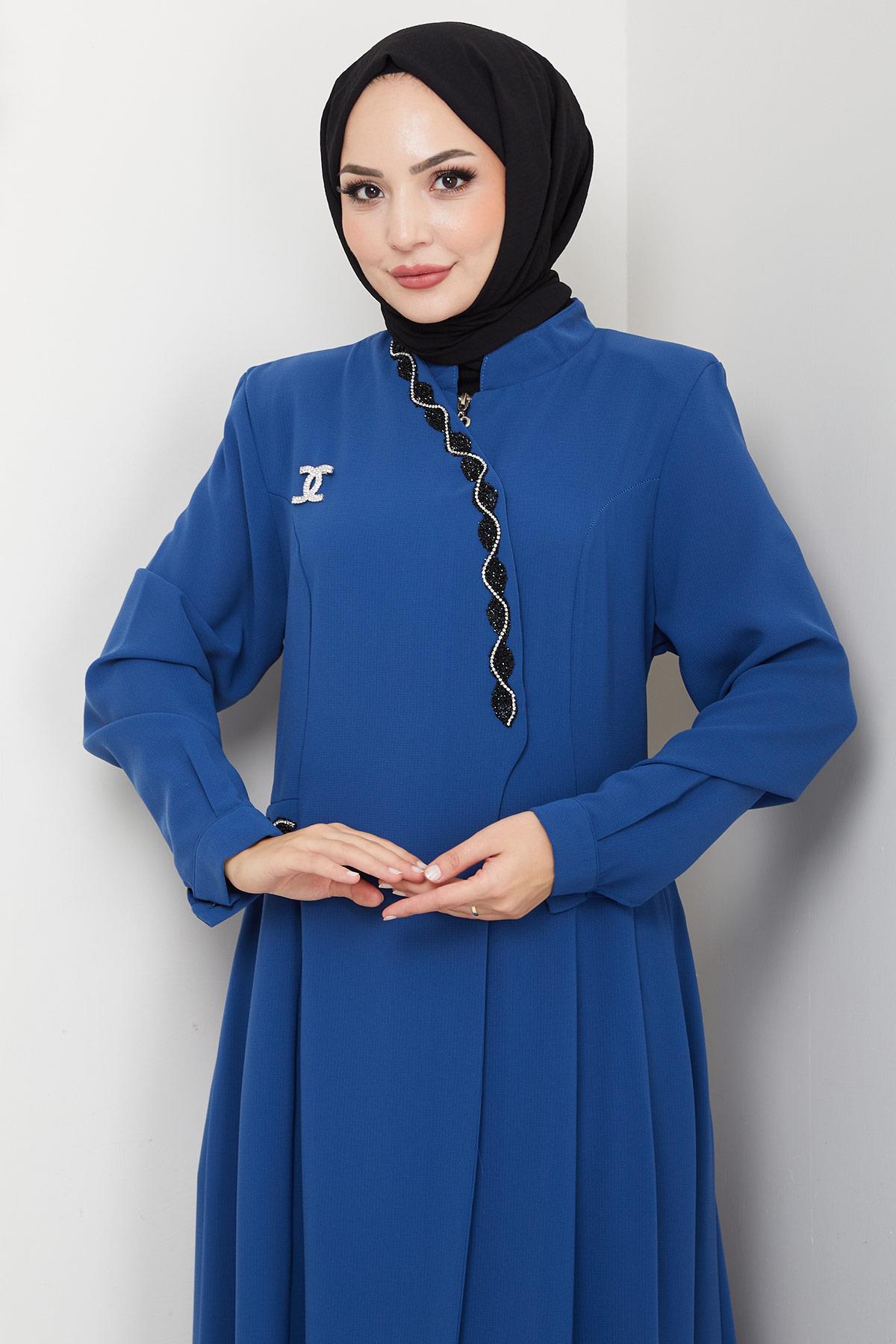 Broşlu Büyük Beden Ferace İndigo HM2843