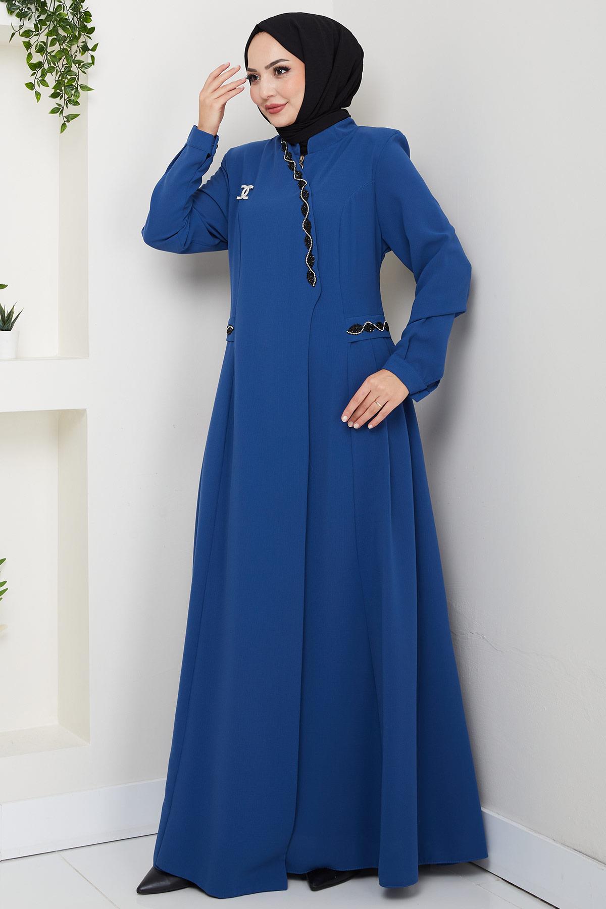 Broşlu Büyük Beden Ferace İndigo HM2843