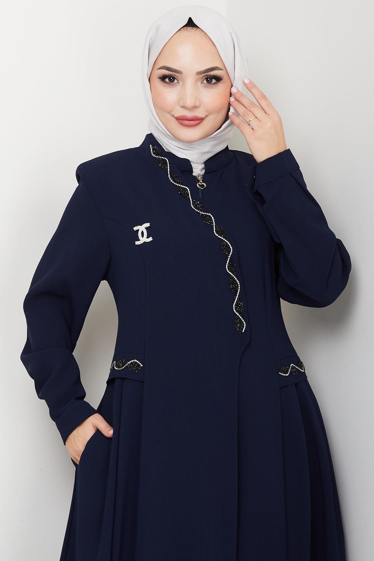 Broşlu Büyük Beden Ferace Lacivert HM2843