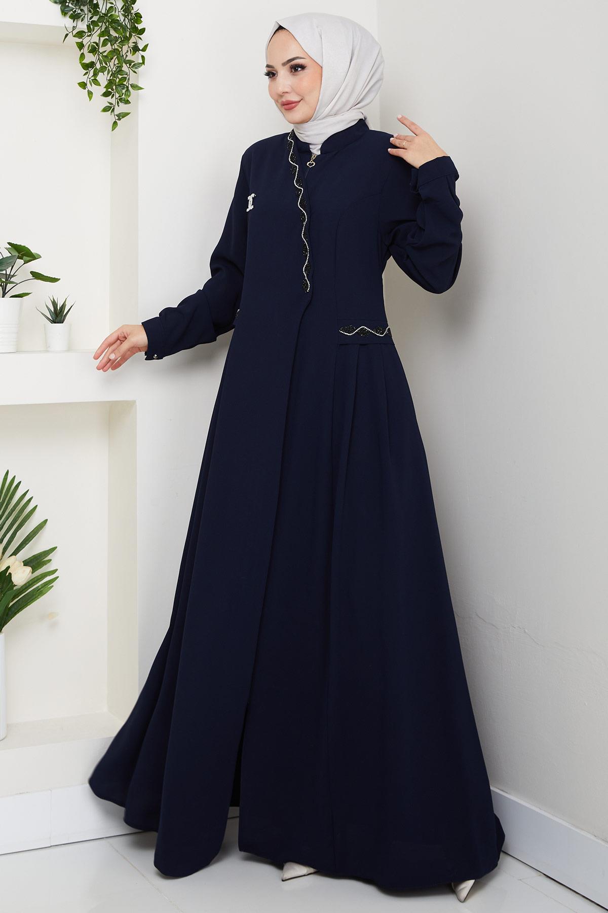 Broşlu Büyük Beden Ferace Lacivert HM2843