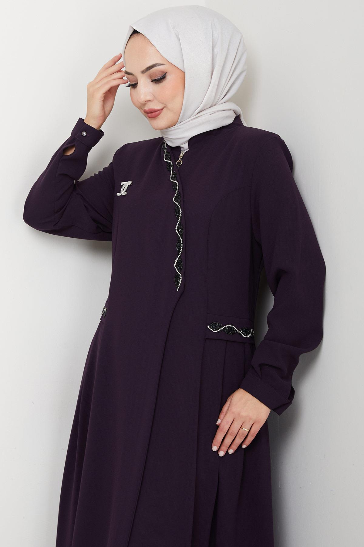 Broşlu Büyük Beden Ferace Mürdüm HM2843