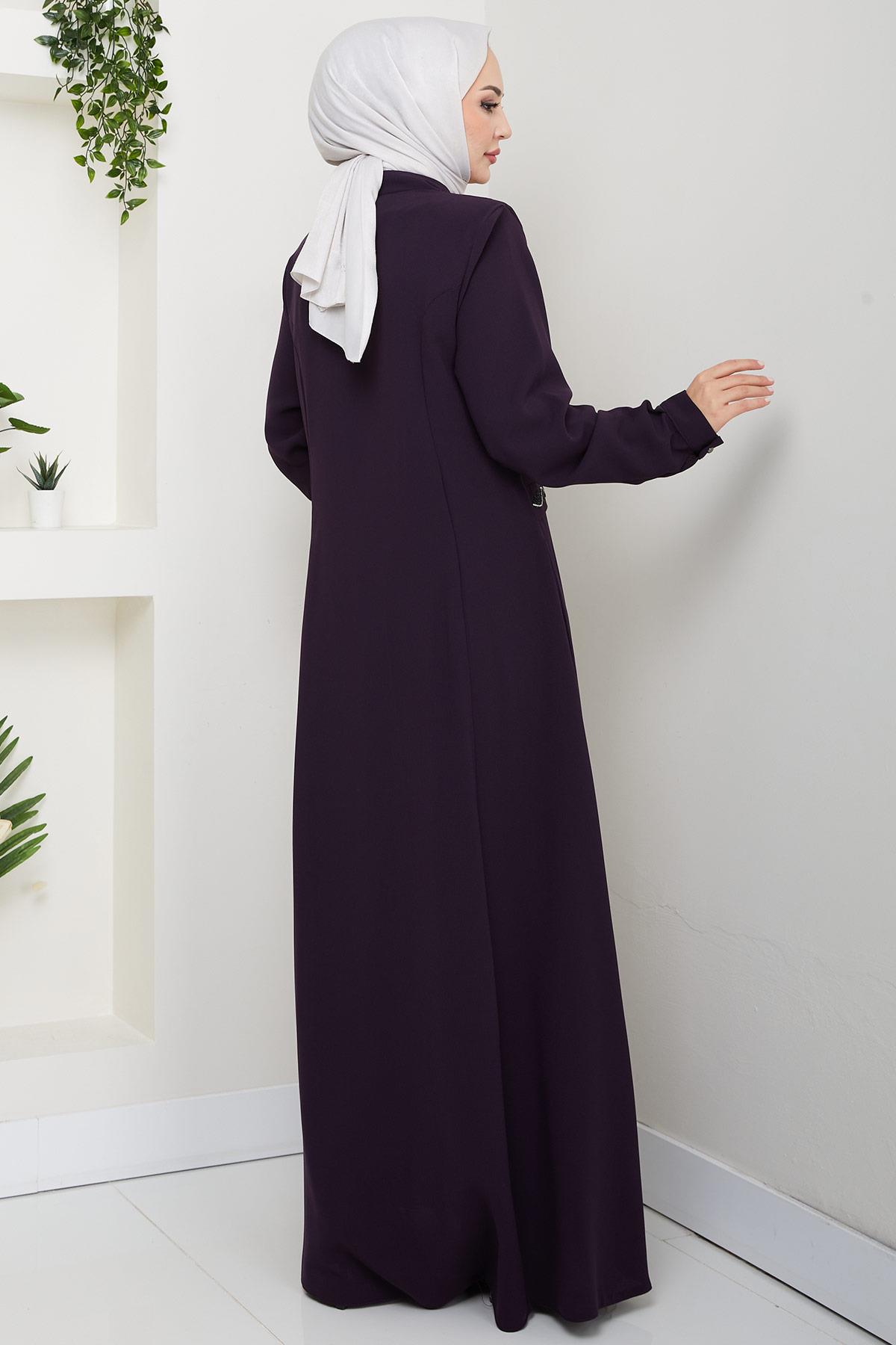 Broşlu Büyük Beden Ferace Mürdüm HM2843