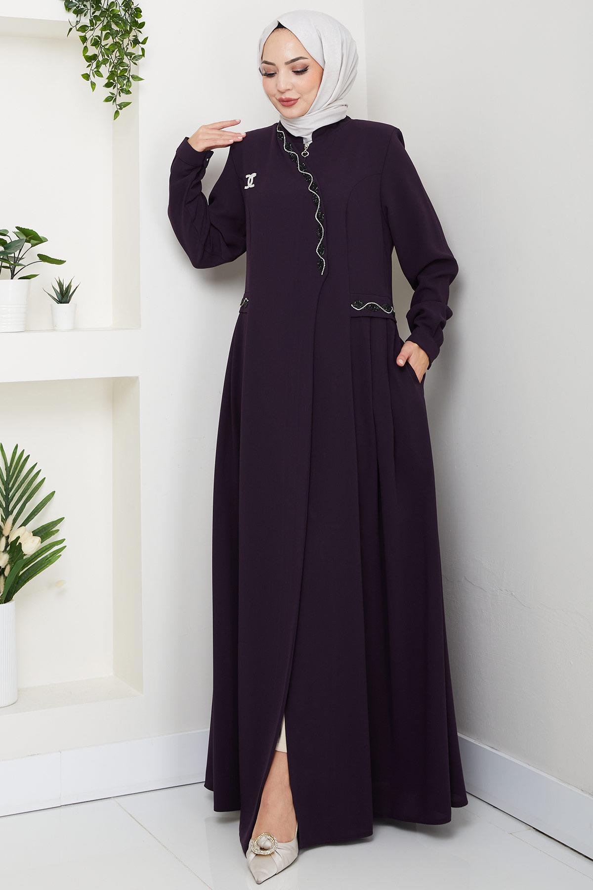 Broşlu Büyük Beden Ferace Mürdüm HM2843