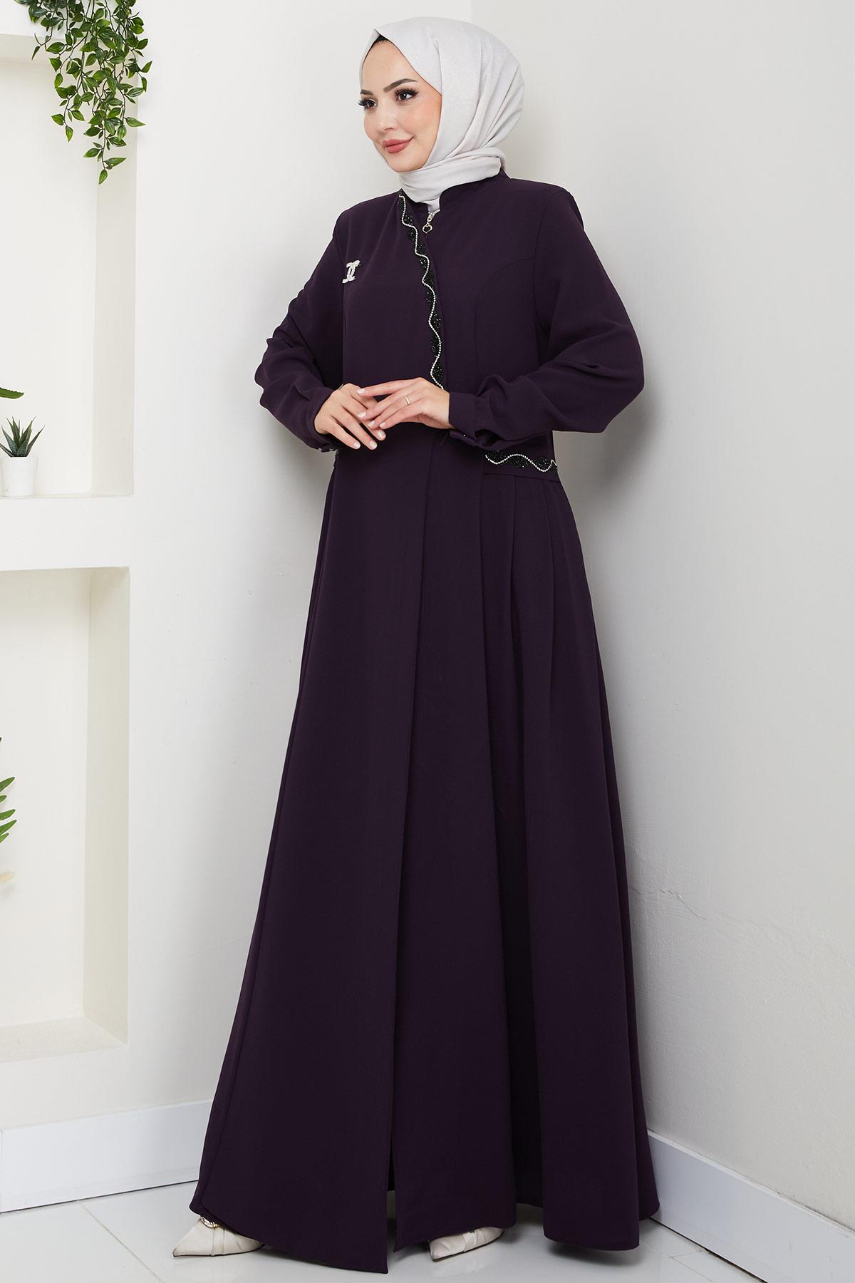 Broşlu Büyük Beden Ferace Mürdüm HM2843