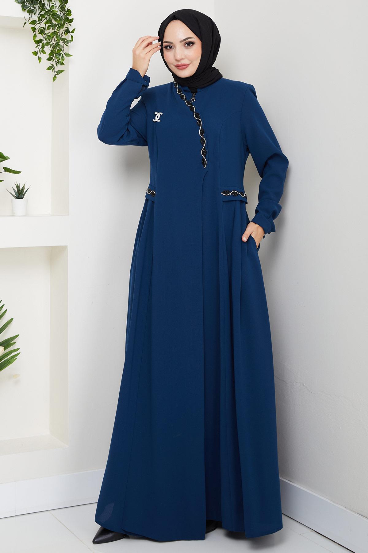 Broşlu Büyük Beden Ferace Petrol HM2843