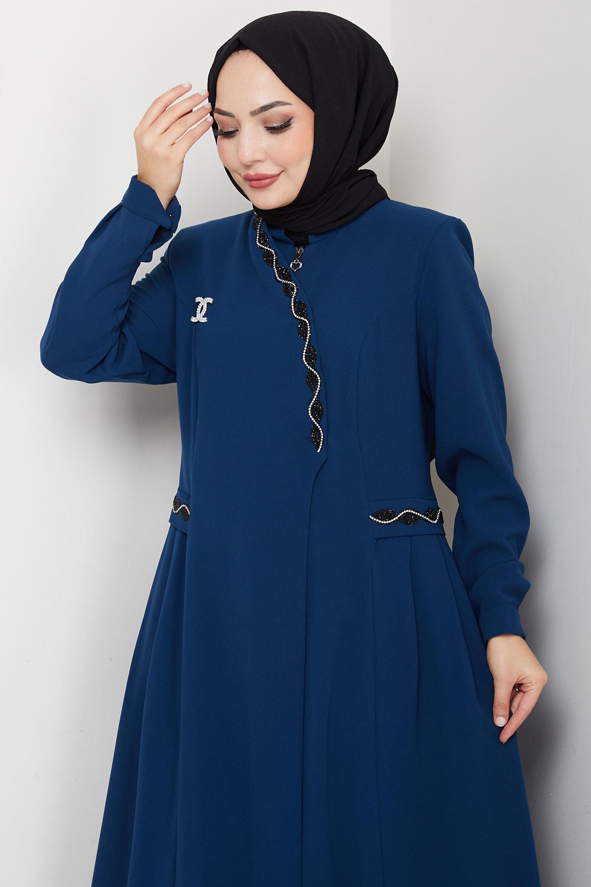 Broşlu Büyük Beden Ferace Petrol HM2843