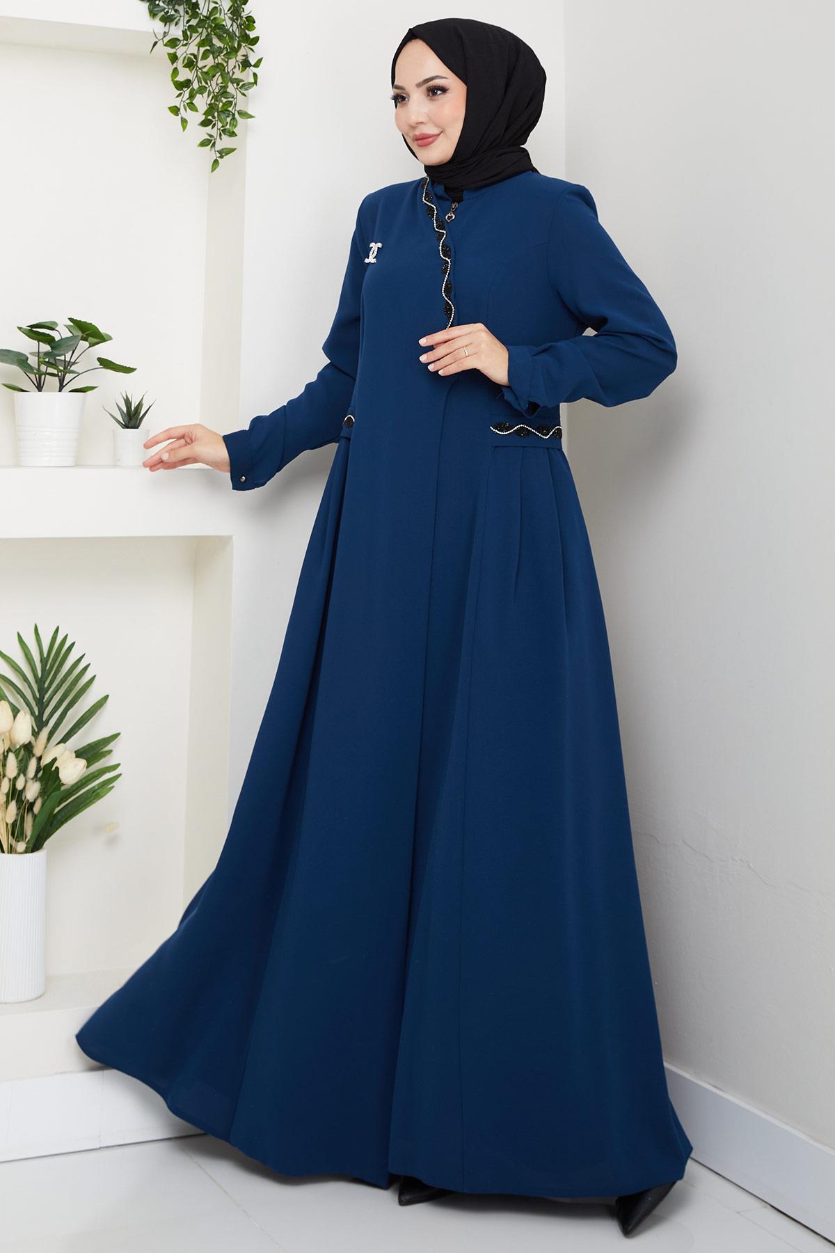 Broşlu Büyük Beden Ferace Petrol HM2843