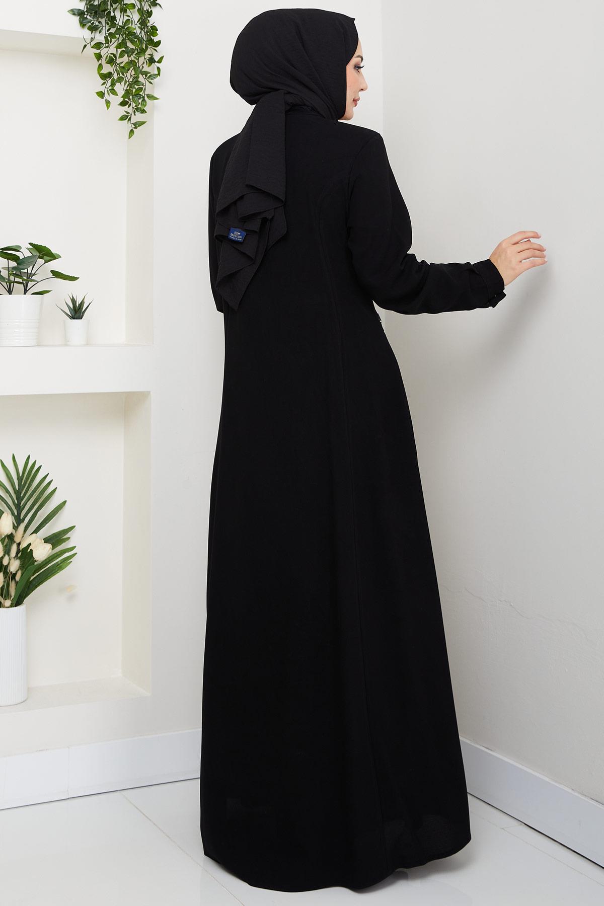 Broşlu Büyük Beden Ferace Siyah HM2843