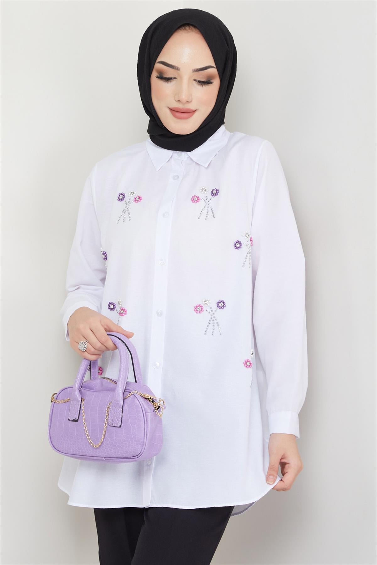 Buket Taş Detaylı Tunik Beyaz