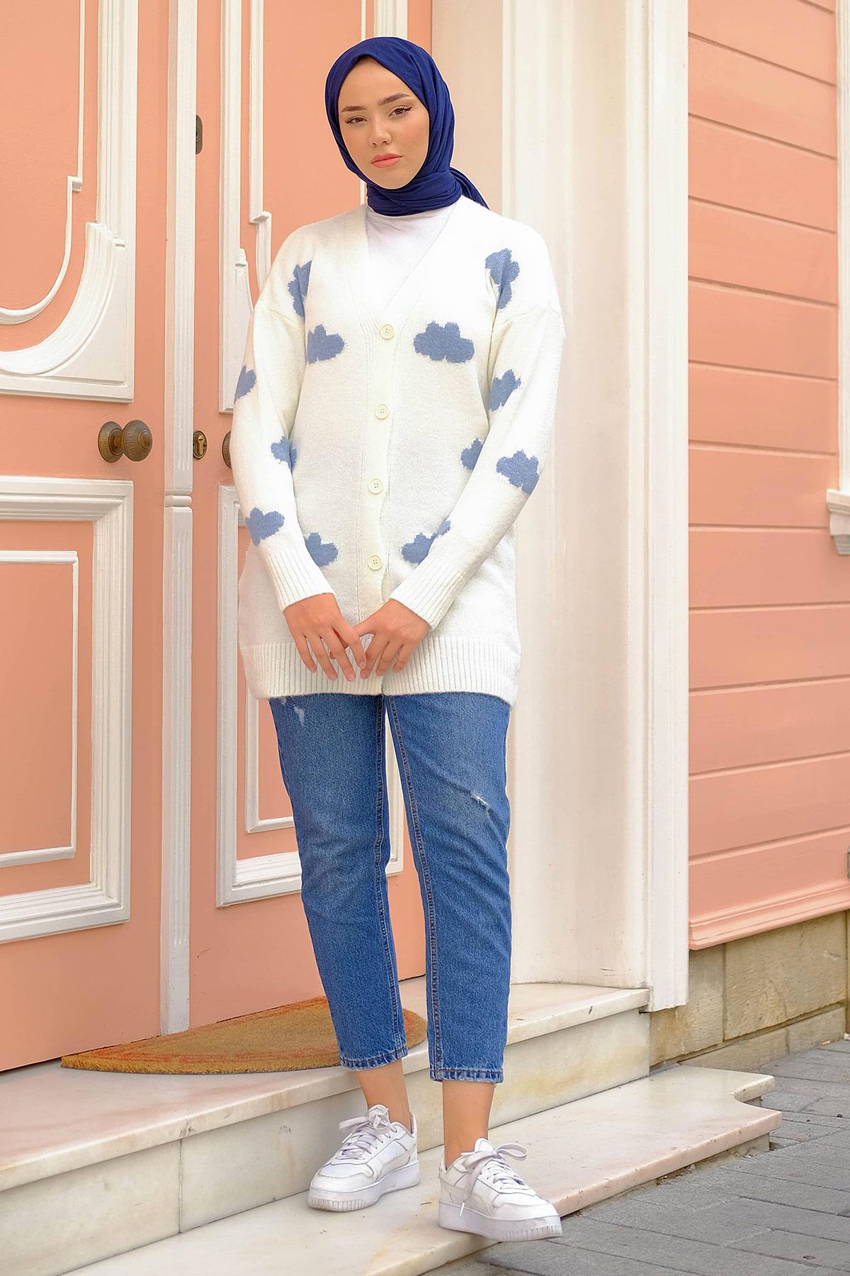 Bulut Desenli Triko Hırka Beyaz HM2233