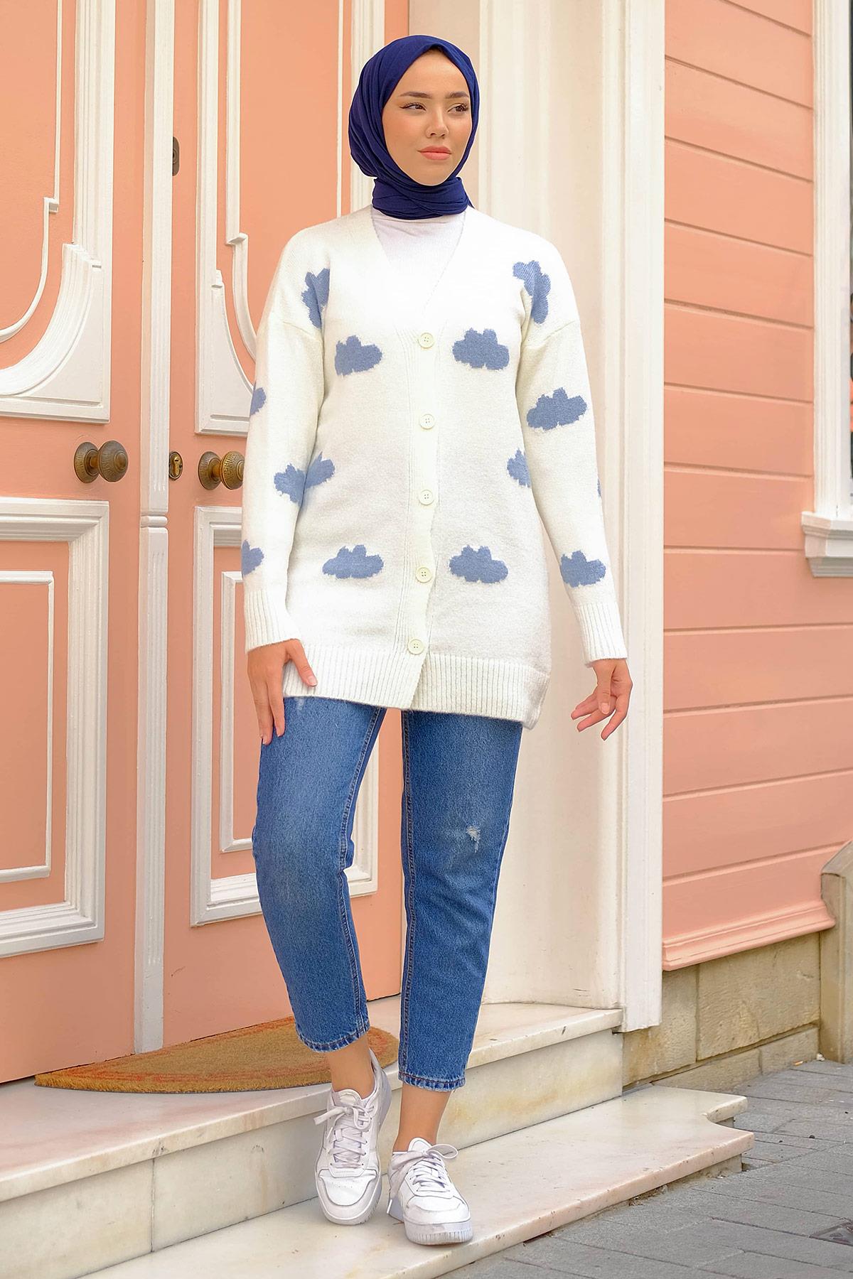 Bulut Desenli Triko Hırka Beyaz HM2233