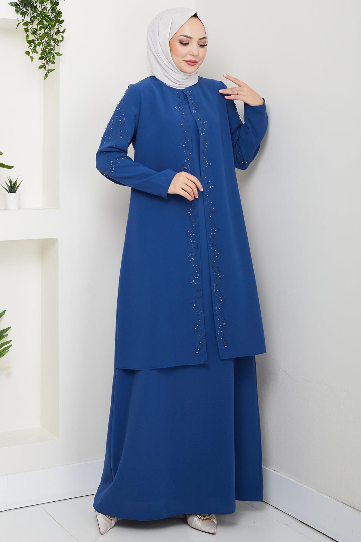 Büyük Beden Boncuklu Taşlı Anne Elbisesi İndigo HM2693