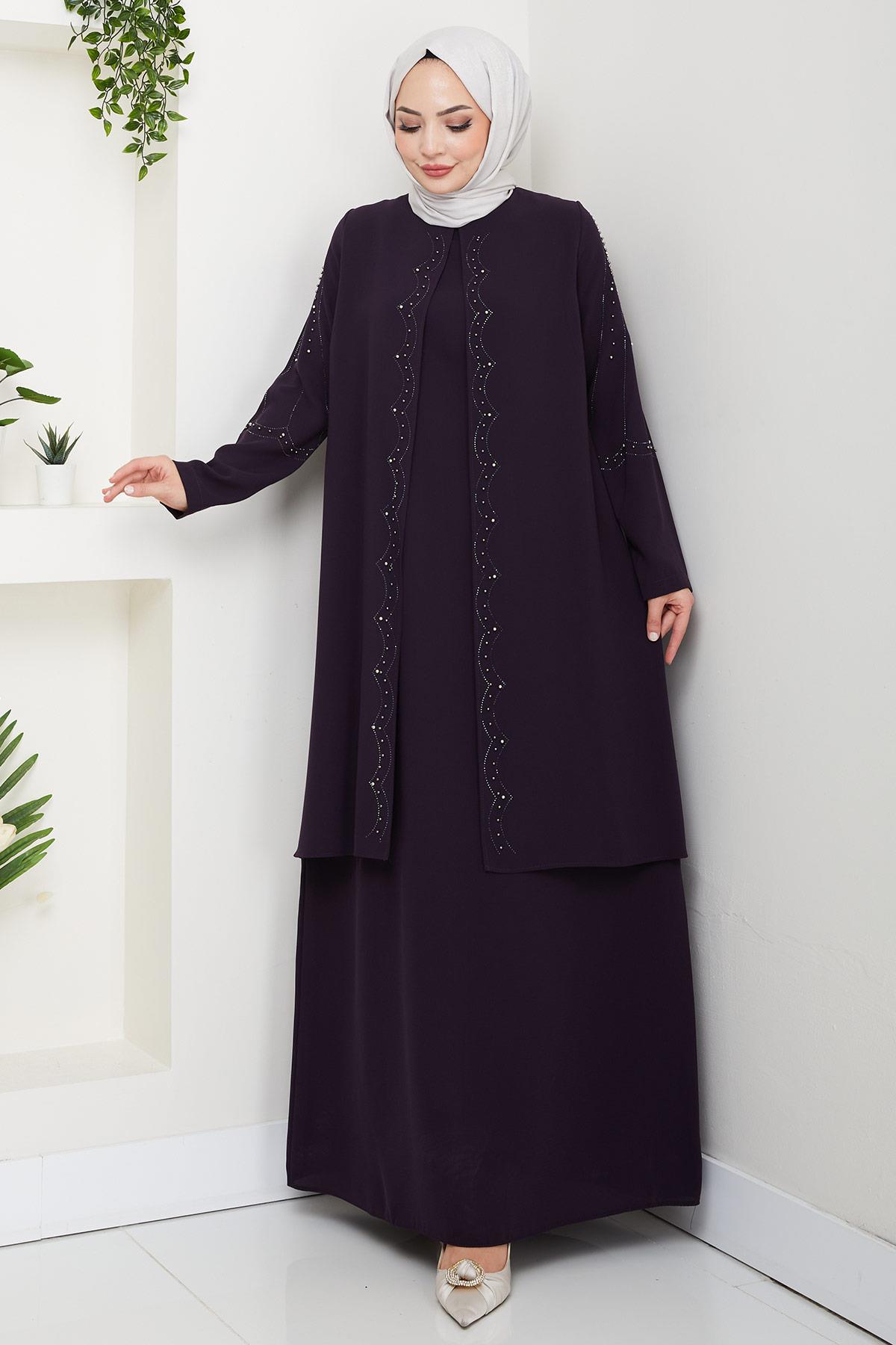 Büyük Beden Boncuklu Taşlı Anne Elbisesi Mor HM2693