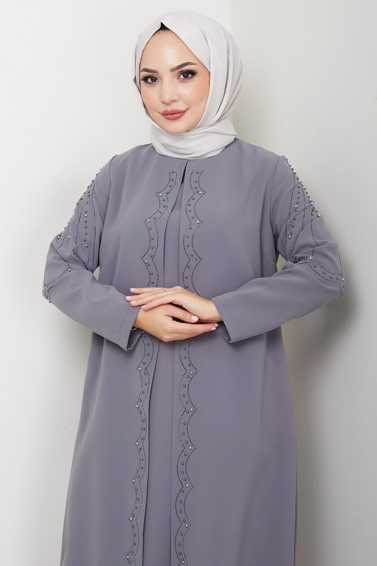 Büyük Beden Boncuklu Taşlı Anne Elbisesi Gri HM2693