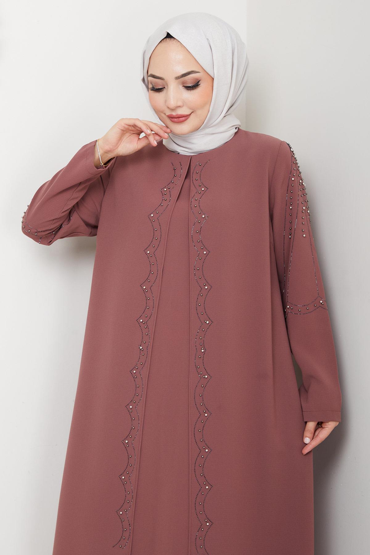 Büyük Beden Boncuklu Taşlı Anne Elbisesi Kiremit HM2693